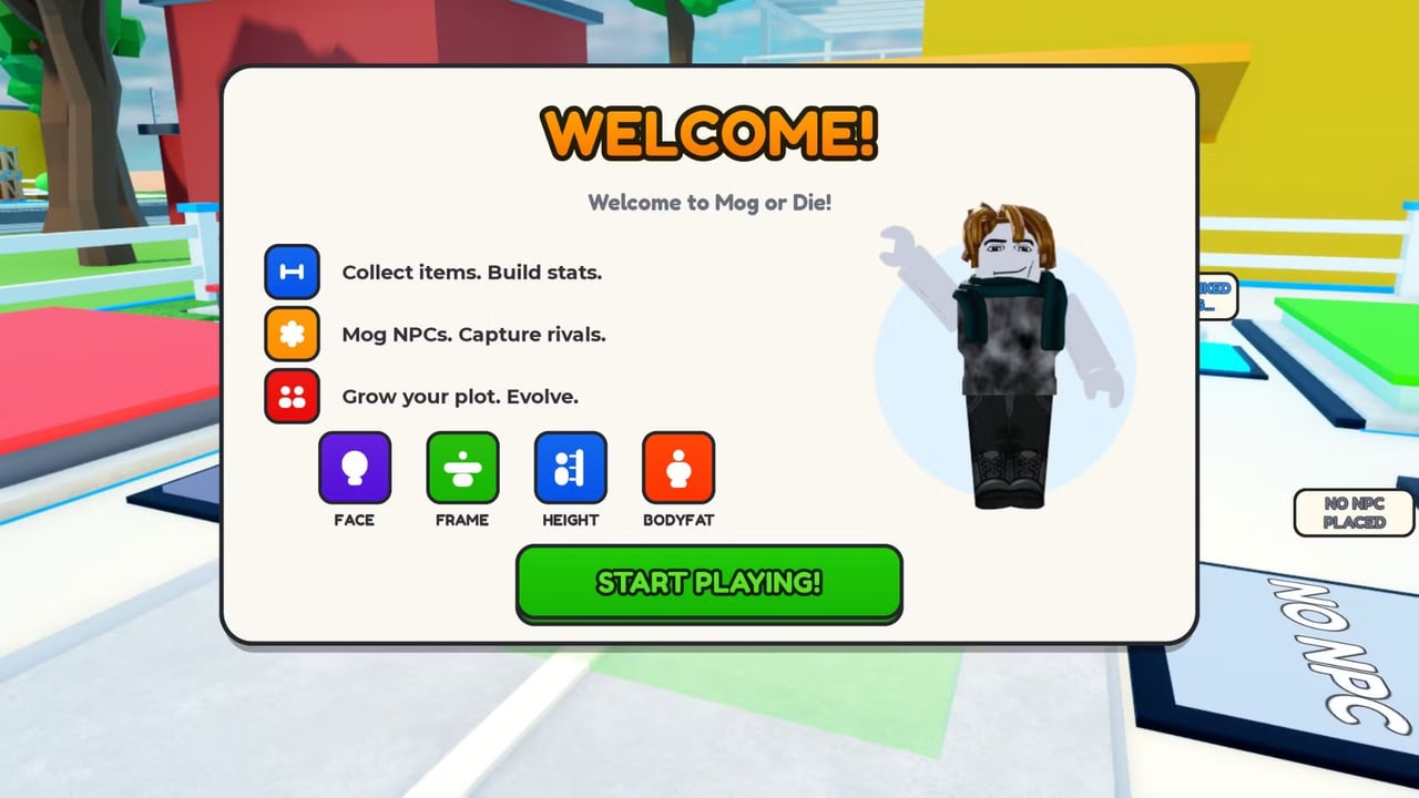 Agartha Mog or Die welcome screen with Face, Frame, Height, and Bodyfat icons over a starter plot